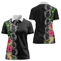 Hawaii DNA Kakau Tattoo Women Polo Shirt with Plumeria and Hibiscus Tropical Plants Black Color