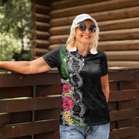 Hawaii DNA Kakau Tattoo Women Polo Shirt with Plumeria and Hibiscus Tropical Plants Black Color