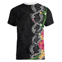 Hawaii DNA Kakau Tattoo Women V-Neck T-Shirt with Plumeria and Hibiscus Tropical Plants Black Color