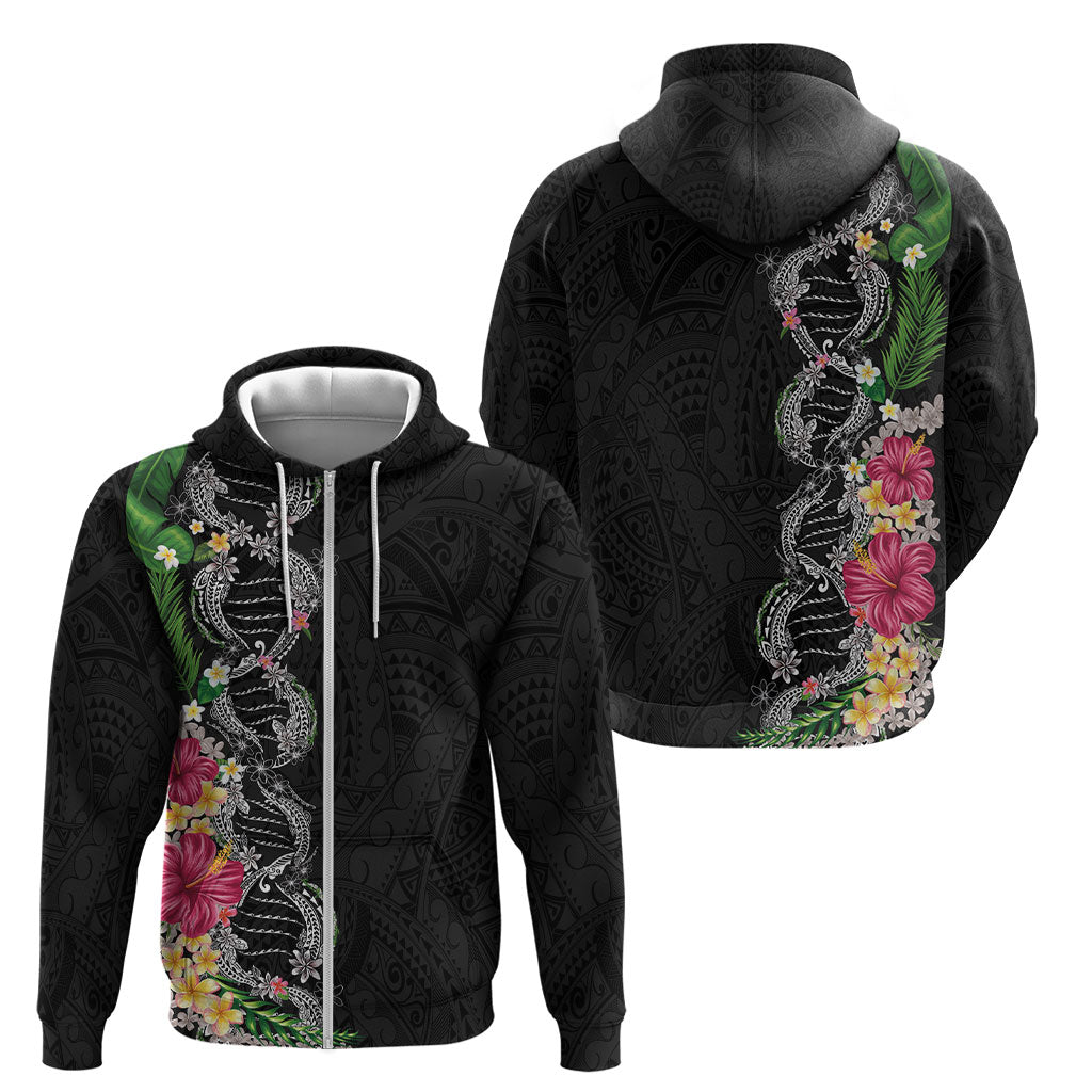 Hawaii DNA Kakau Tattoo Zip Hoodie with Plumeria and Hibiscus Tropical Plants Black Color