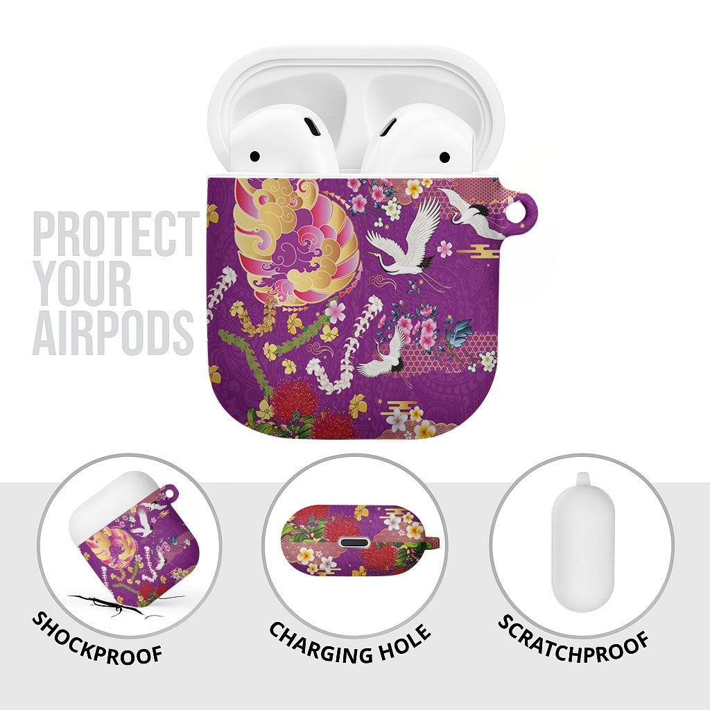 Hawaiian and Japanese Culture Together AirPods Case Kakau Tribal Pattern and Irezumi Art Purple Color