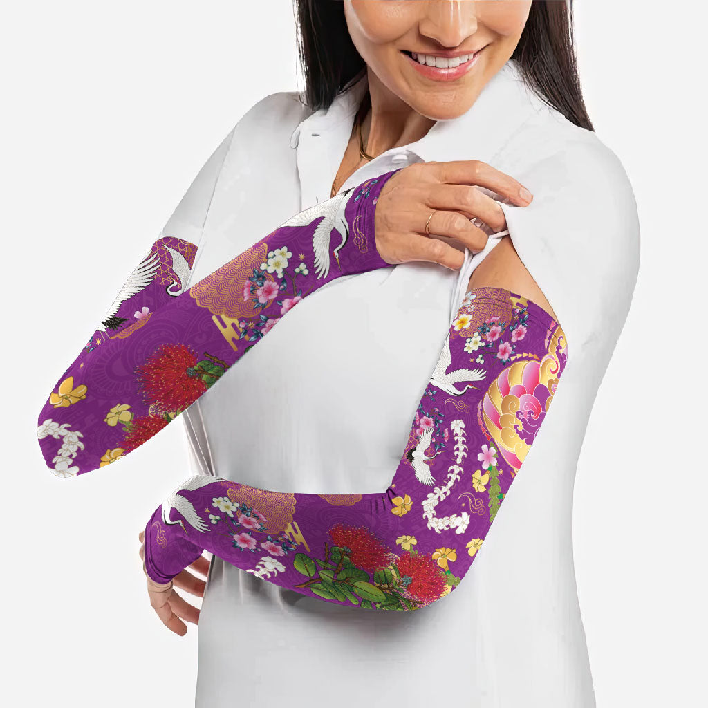 Hawaiian and Japanese Culture Together Arm Sleeves Kakau Tribal Pattern and Irezumi Art Purple Color
