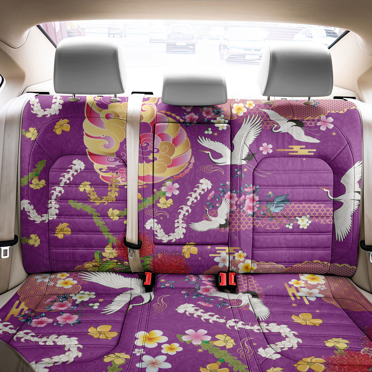 Hawaiian and Japanese Culture Together Back Car Seat Cover Kakau Tribal Pattern and Irezumi Art Purple Color