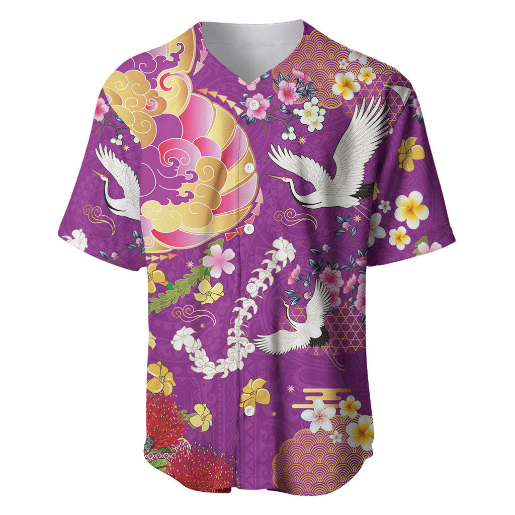 Hawaiian and Japanese Culture Together Baseball Jersey Kakau Tribal Pattern and Irezumi Art Purple Color