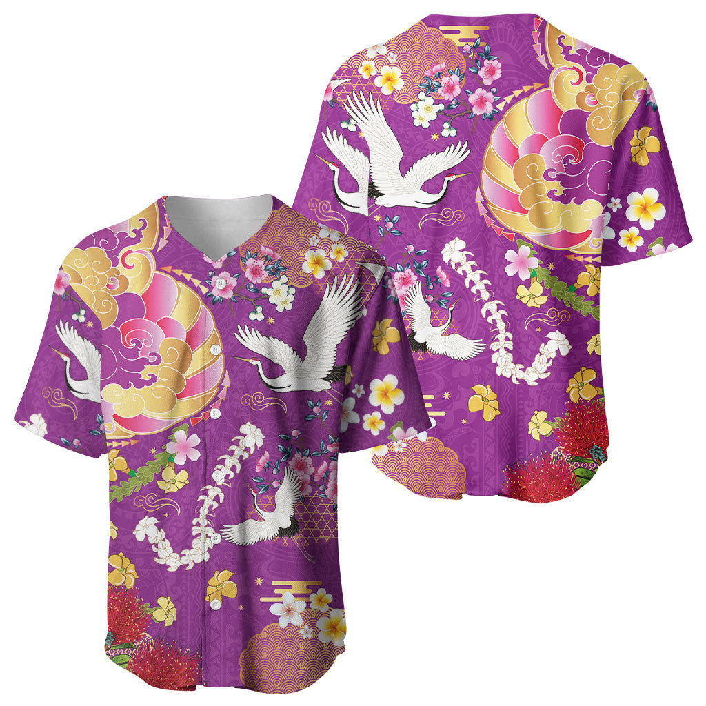 Hawaiian and Japanese Culture Together Baseball Jersey Kakau Tribal Pattern and Irezumi Art Purple Color