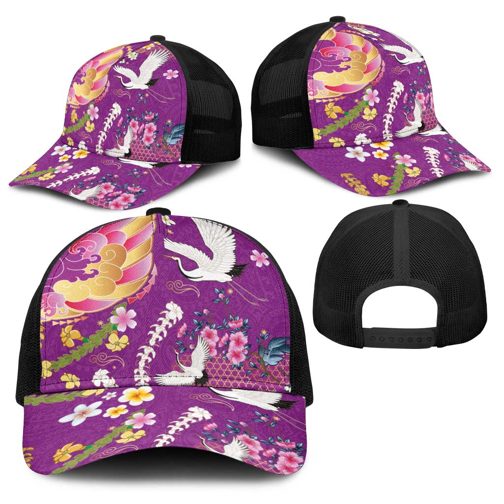 Hawaiian and Japanese Culture Together Baseball Net Cap Kakau Tribal Pattern and Irezumi Art Purple Color
