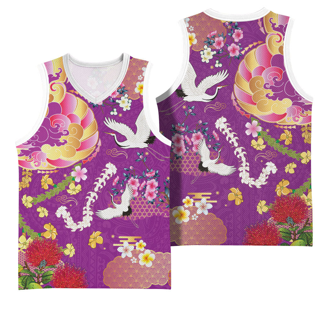 Hawaiian and Japanese Culture Together Basketball Jersey Kakau Tribal Pattern and Irezumi Art Purple Color