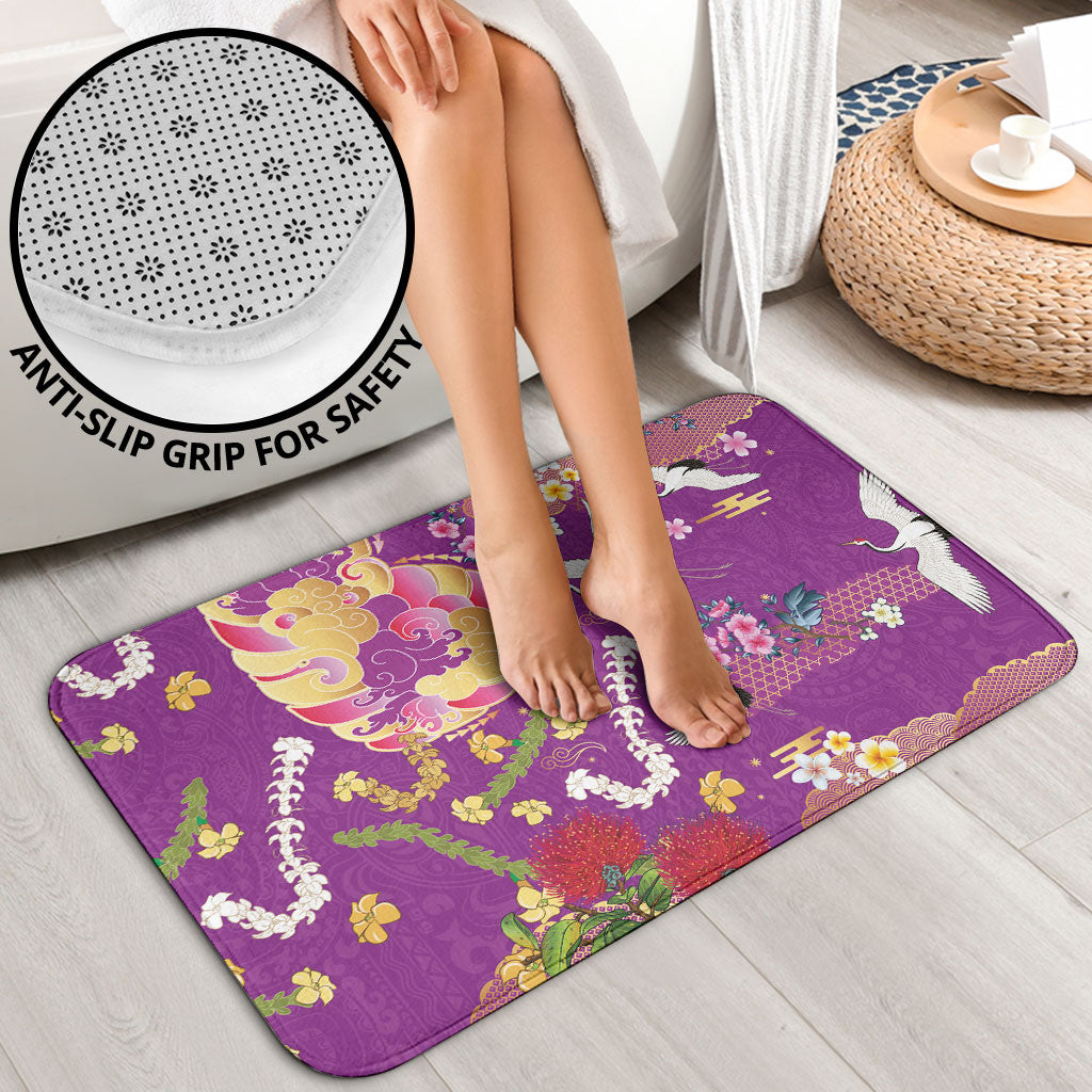 Hawaiian and Japanese Culture Together Bathroom Set Kakau Tribal Pattern and Irezumi Art Purple Color