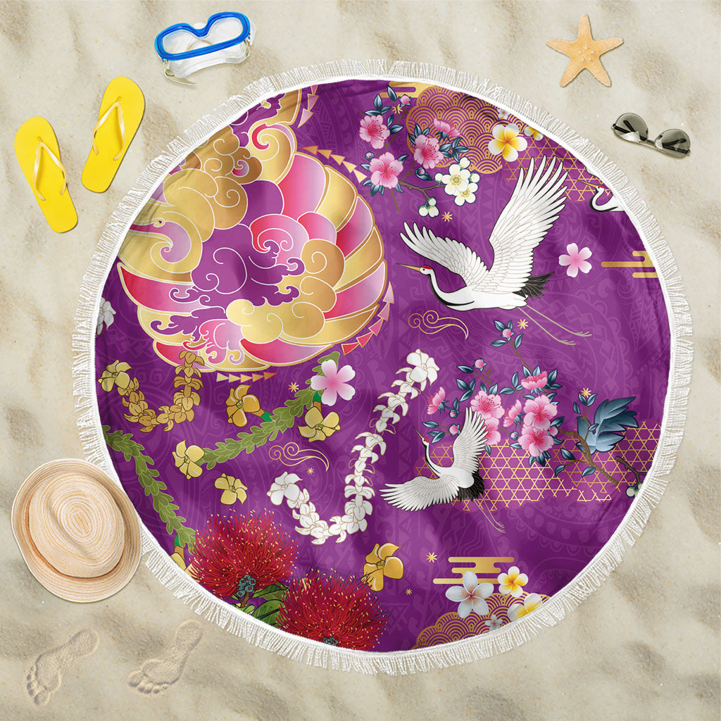 Hawaiian and Japanese Culture Together Beach Blanket Kakau Tribal Pattern and Irezumi Art Purple Color