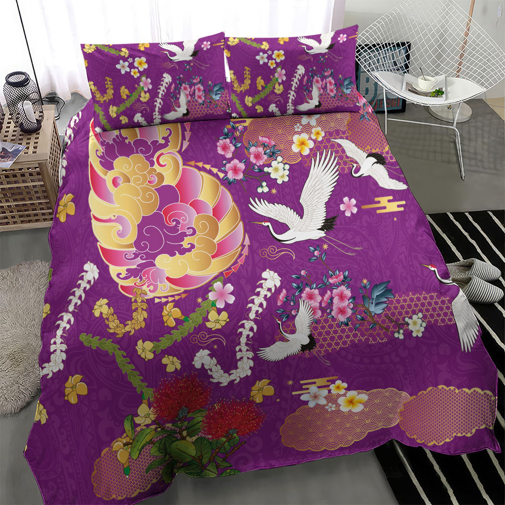 Hawaiian and Japanese Culture Together Bedding Set Kakau Tribal Pattern and Irezumi Art Purple Color