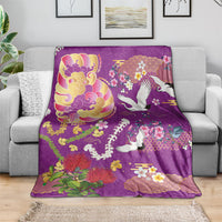 Hawaiian and Japanese Culture Together Blanket Kakau Tribal Pattern and Irezumi Art Purple Color