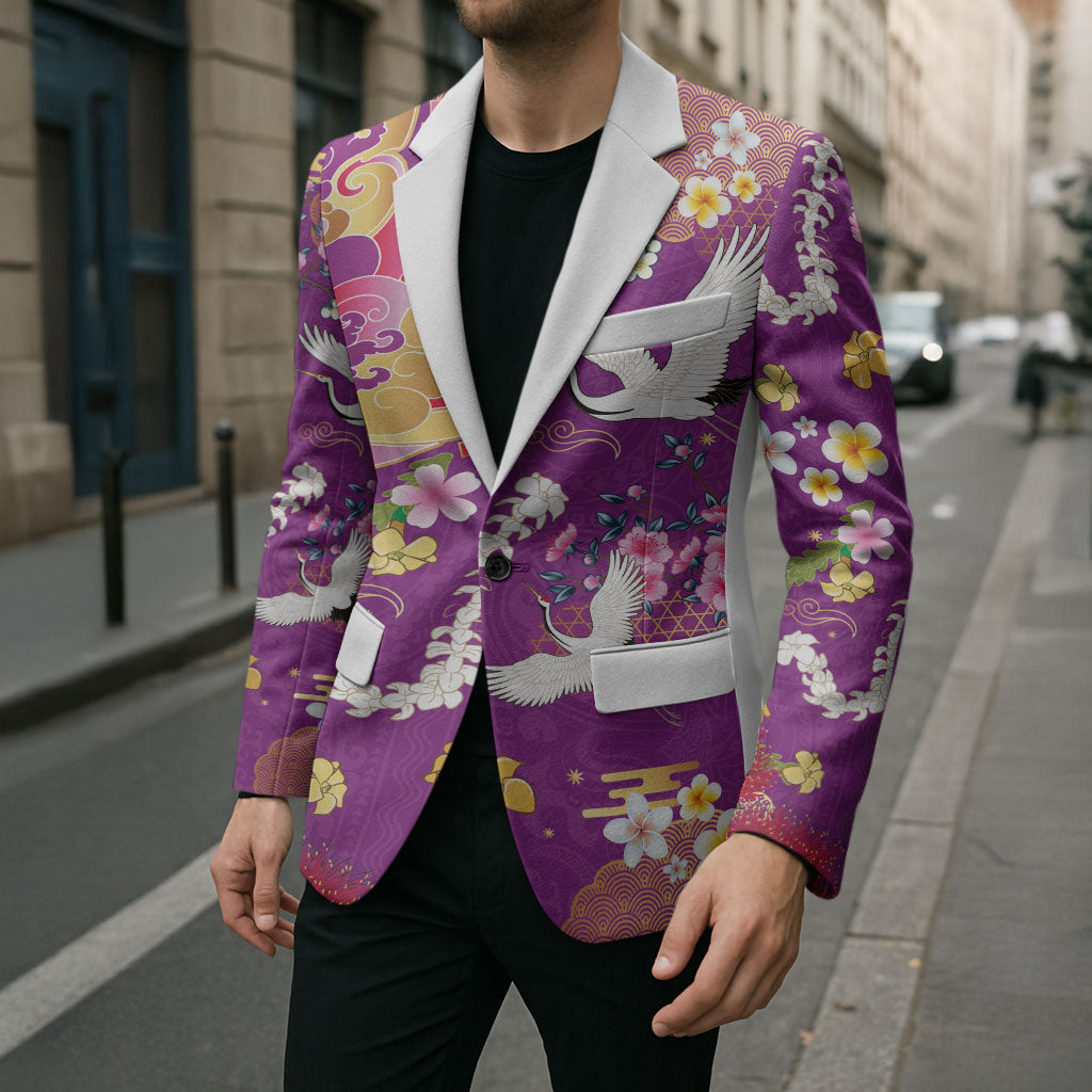 Hawaiian and Japanese Culture Together Blazer Kakau Tribal Pattern and Irezumi Art Purple Color
