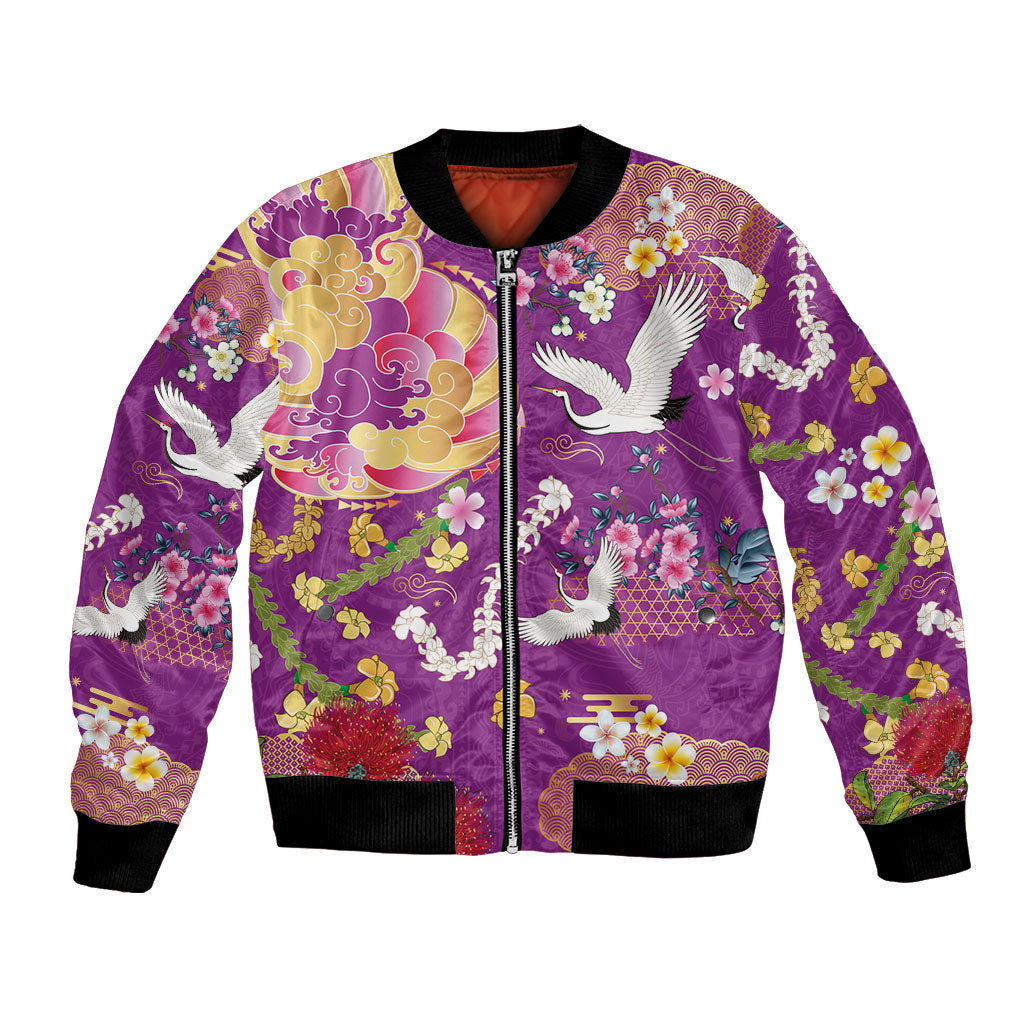 Hawaiian and Japanese Culture Together Bomber Jacket Kakau Tribal Pattern and Irezumi Art Purple Color LT03 Unisex Purple - Polynesian Pride
