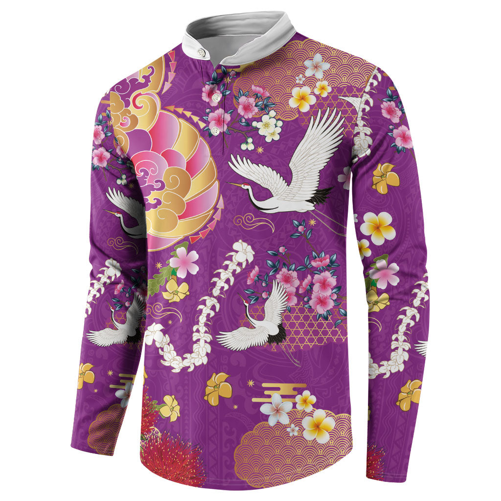 Hawaiian and Japanese Culture Together Button Sweatshirt Kakau Tribal Pattern and Irezumi Art Purple Color