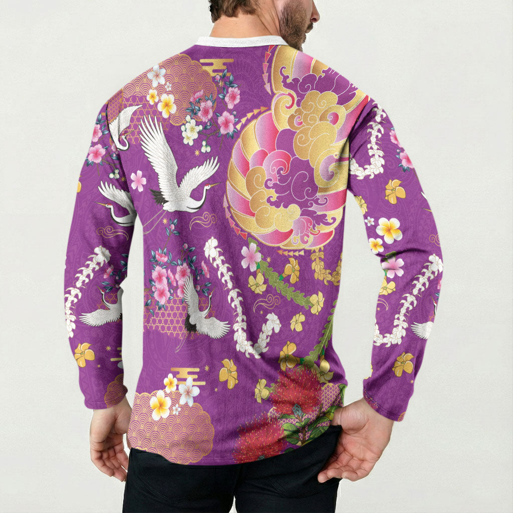 Hawaiian and Japanese Culture Together Button Sweatshirt Kakau Tribal Pattern and Irezumi Art Purple Color