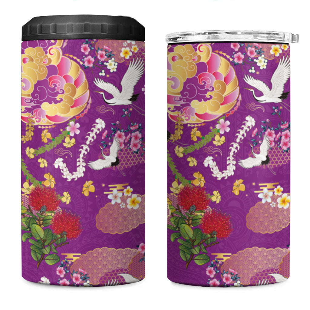 Hawaiian and Japanese Culture Together 4 in 1 Can Cooler Tumbler Kakau Tribal Pattern and Irezumi Art Purple Color