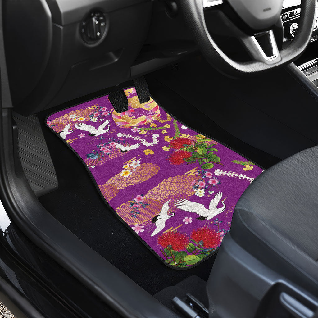Hawaiian and Japanese Culture Together Car Mats Kakau Tribal Pattern and Irezumi Art Purple Color