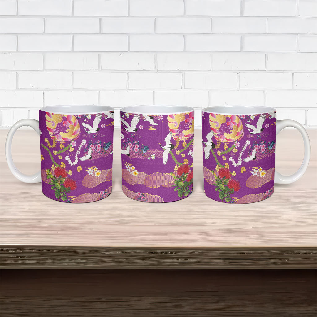 Hawaiian and Japanese Culture Together Ceramic Mug Kakau Tribal Pattern and Irezumi Art Purple Color