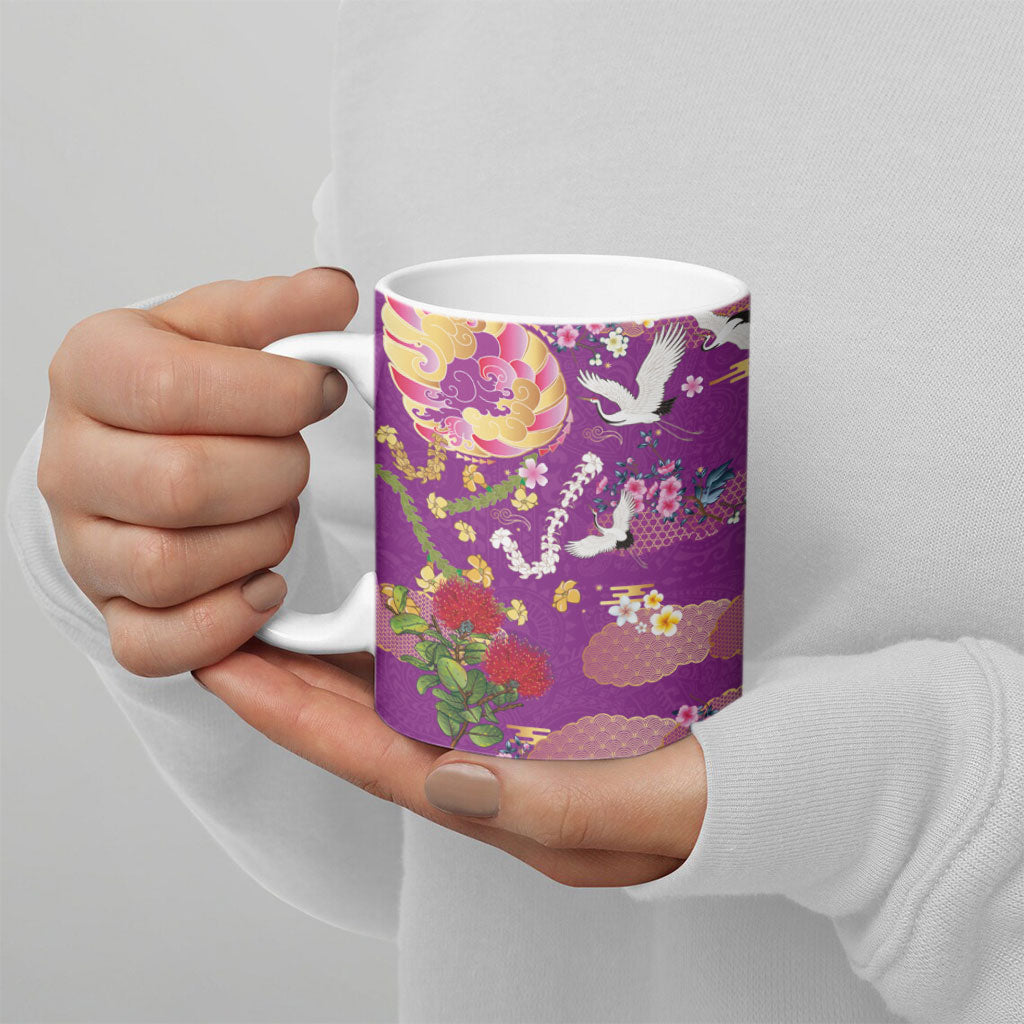 Hawaiian and Japanese Culture Together Ceramic Mug Kakau Tribal Pattern and Irezumi Art Purple Color