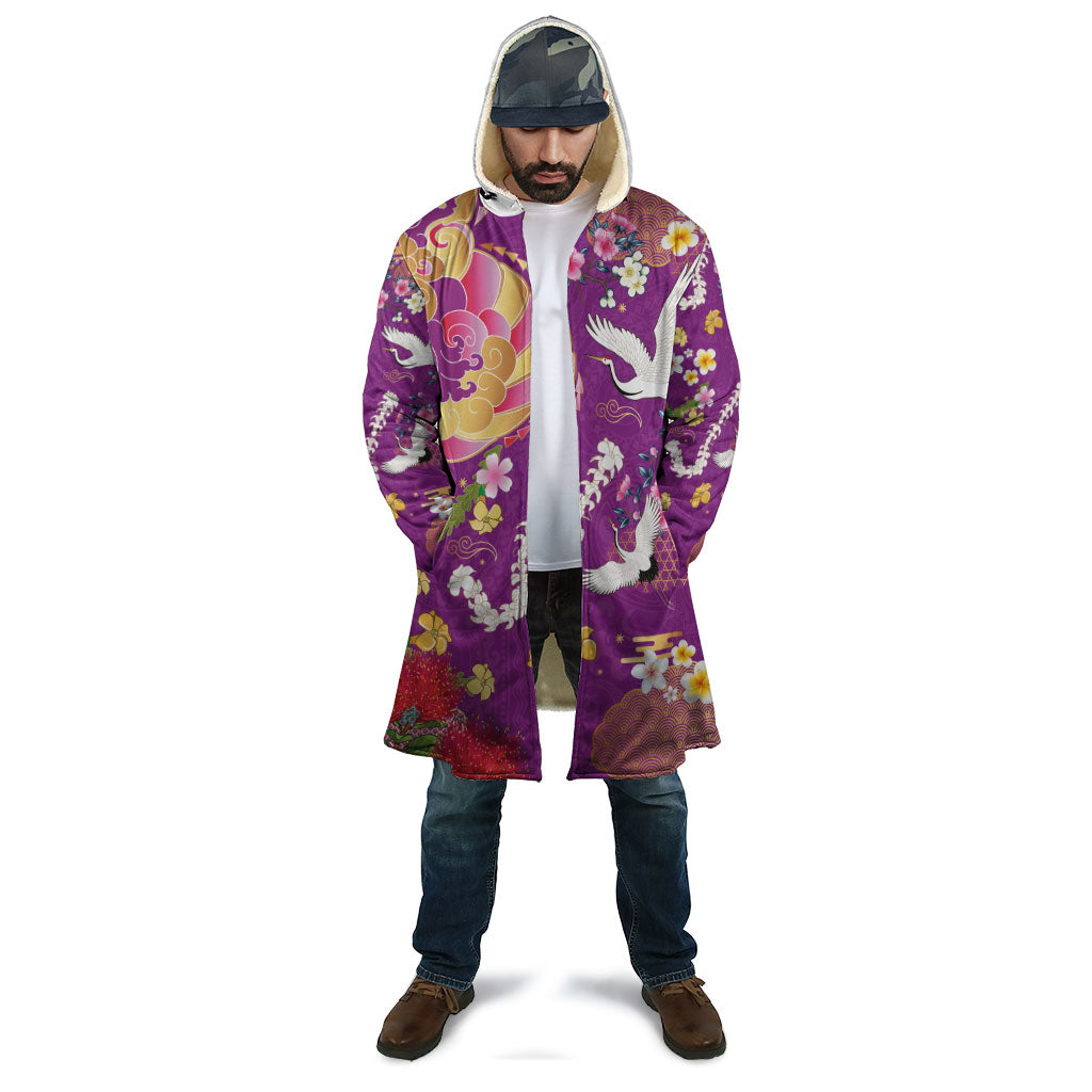 Hawaiian and Japanese Culture Together Cloak Kakau Tribal Pattern and Irezumi Art Purple Color
