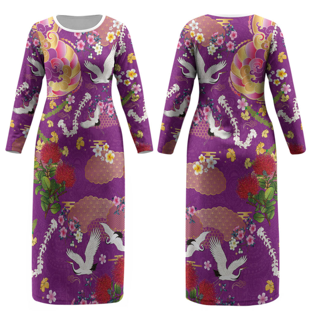 Hawaiian and Japanese Culture Together Couples Matching Long Sleeve Bodycon Dress and Hawaiian Shirt Kakau Tribal Pattern and Irezumi Art Purple Color