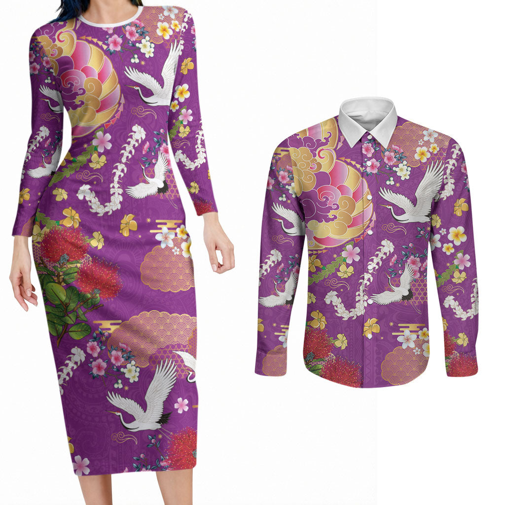 Hawaiian and Japanese Culture Together Couples Matching Long Sleeve Bodycon Dress and Long Sleeve Button Shirt Kakau Tribal Pattern and Irezumi Art Purple Color