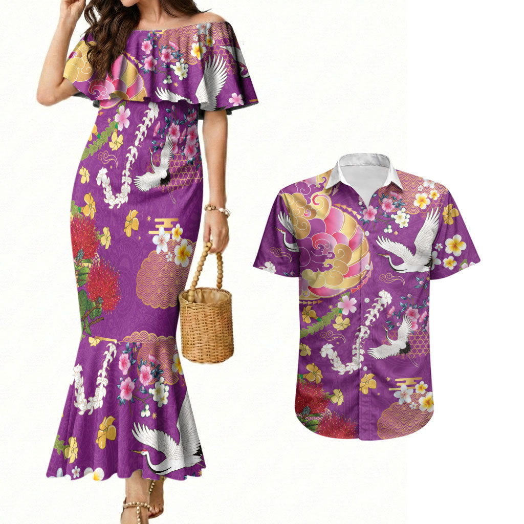 Hawaiian and Japanese Culture Together Couples Matching Mermaid Dress and Hawaiian Shirt Kakau Tribal Pattern and Irezumi Art Purple Color