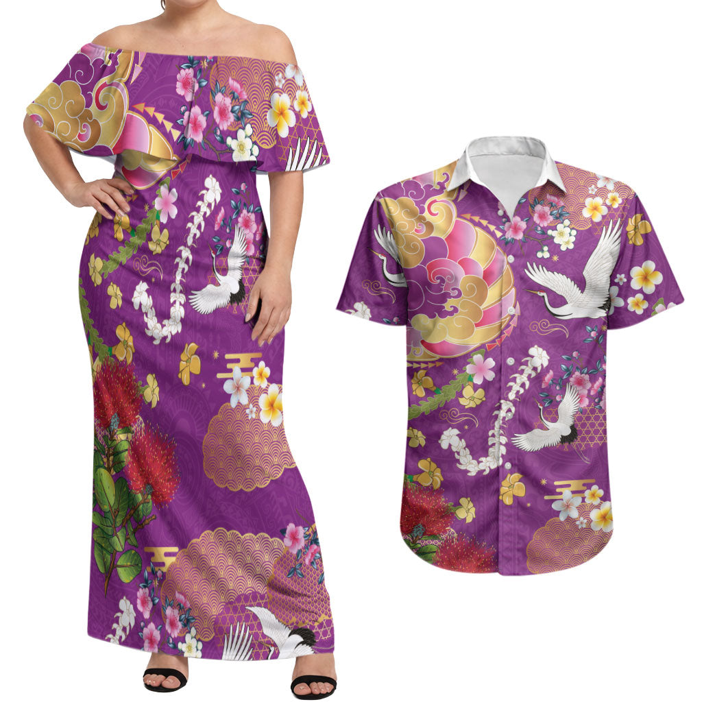 Hawaiian and Japanese Culture Together Couples Matching Off Shoulder Maxi Dress and Hawaiian Shirt Kakau Tribal Pattern and Irezumi Art Purple Color