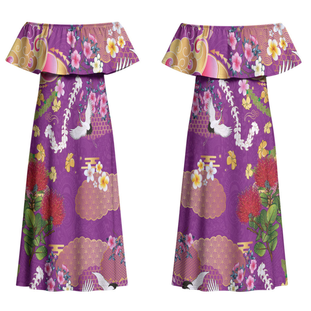 Hawaiian and Japanese Culture Together Couples Matching Off Shoulder Maxi Dress and Long Sleeve Button Shirt Kakau Tribal Pattern and Irezumi Art Purple Color