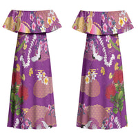Hawaiian and Japanese Culture Together Couples Matching Off Shoulder Maxi Dress and Long Sleeve Button Shirt Kakau Tribal Pattern and Irezumi Art Purple Color