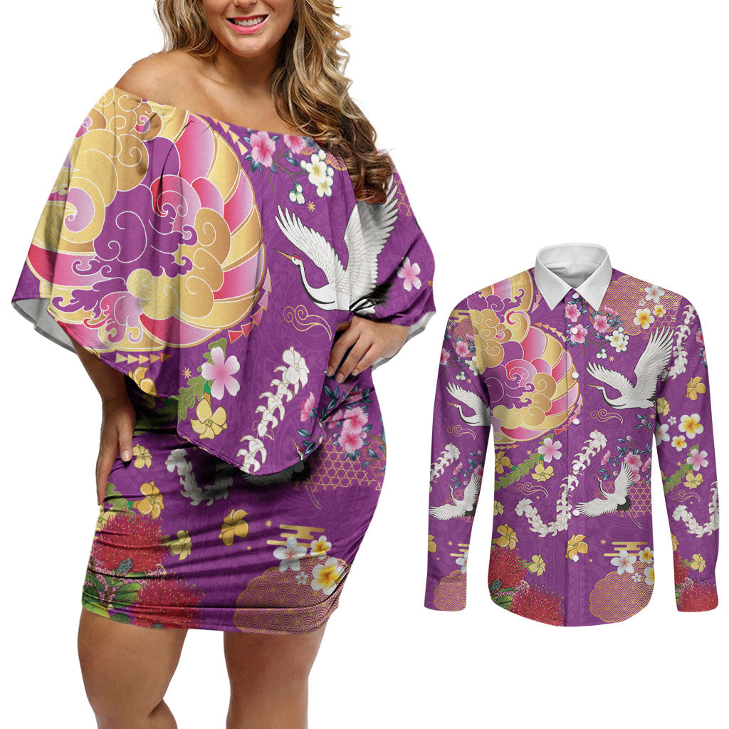 Hawaiian and Japanese Culture Together Couples Matching Off Shoulder Short Dress and Long Sleeve Button Shirt Kakau Tribal Pattern and Irezumi Art Purple Color