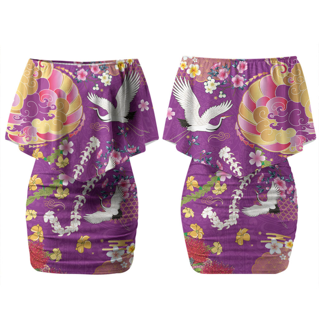 Hawaiian and Japanese Culture Together Couples Matching Off Shoulder Short Dress and Long Sleeve Button Shirt Kakau Tribal Pattern and Irezumi Art Purple Color