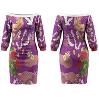 Hawaiian and Japanese Culture Together Couples Matching Off The Shoulder Long Sleeve Dress and Hawaiian Shirt Kakau Tribal Pattern and Irezumi Art Purple Color