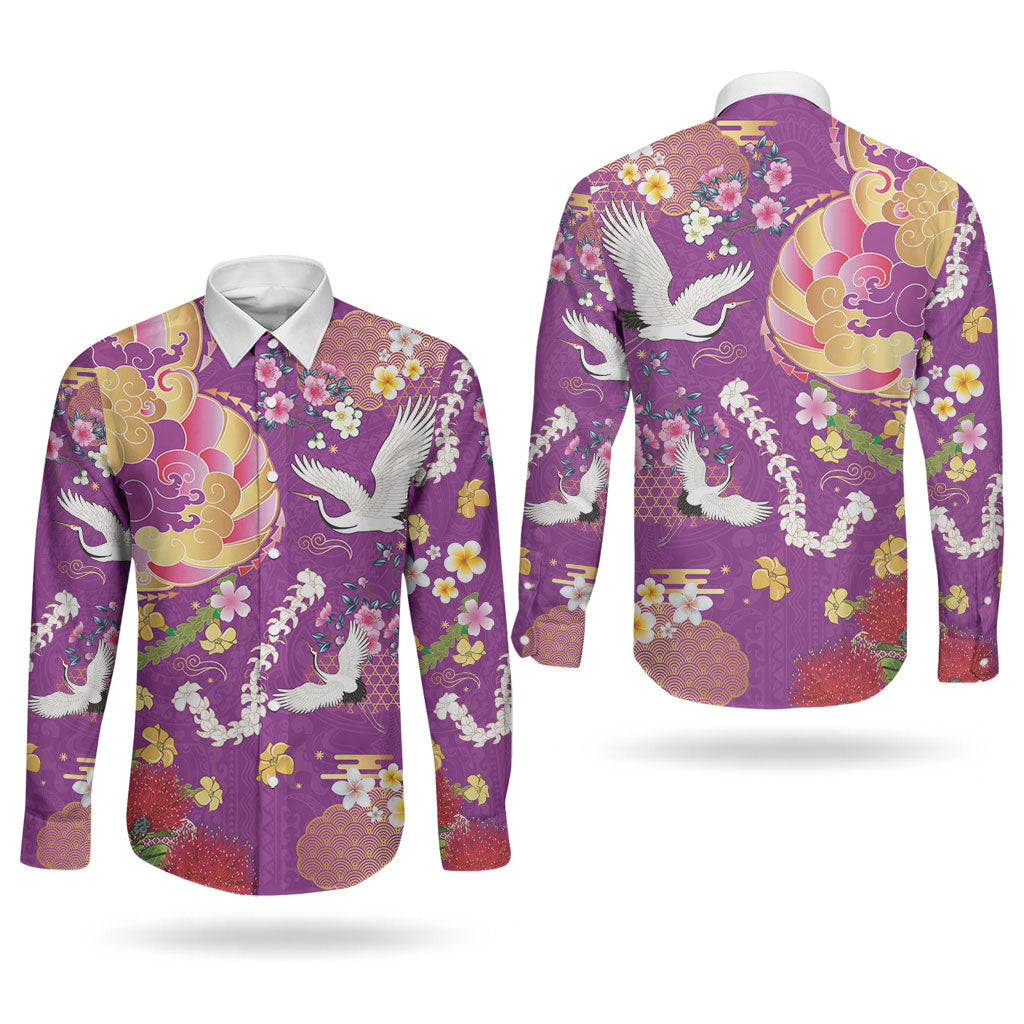Hawaiian and Japanese Culture Together Couples Matching Off The Shoulder Long Sleeve Dress and Long Sleeve Button Shirt Kakau Tribal Pattern and Irezumi Art Purple Color