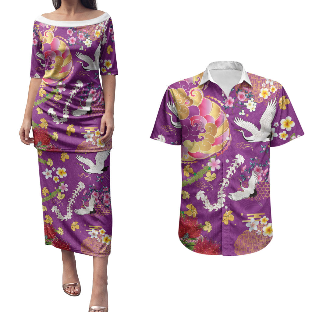 Hawaiian and Japanese Culture Together Couples Matching Puletasi and Hawaiian Shirt Kakau Tribal Pattern and Irezumi Art Purple Color