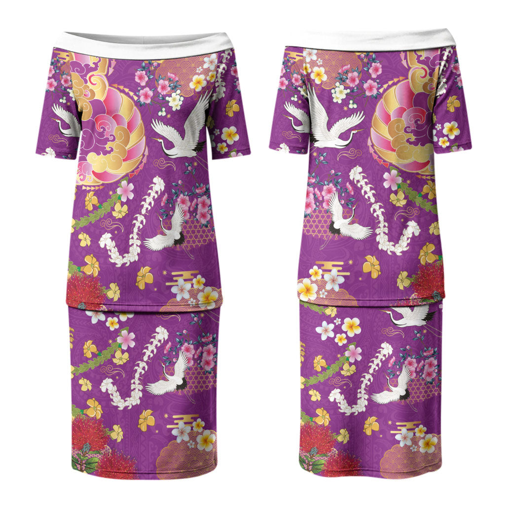 Hawaiian and Japanese Culture Together Couples Matching Puletasi and Long Sleeve Button Shirt Kakau Tribal Pattern and Irezumi Art Purple Color