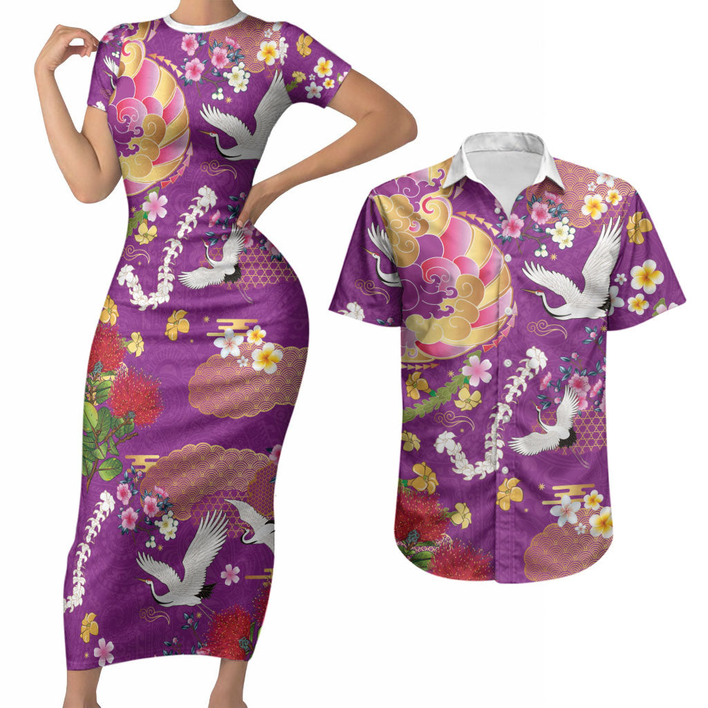 Hawaiian and Japanese Culture Together Couples Matching Short Sleeve Bodycon Dress and Hawaiian Shirt Kakau Tribal Pattern and Irezumi Art Purple Color