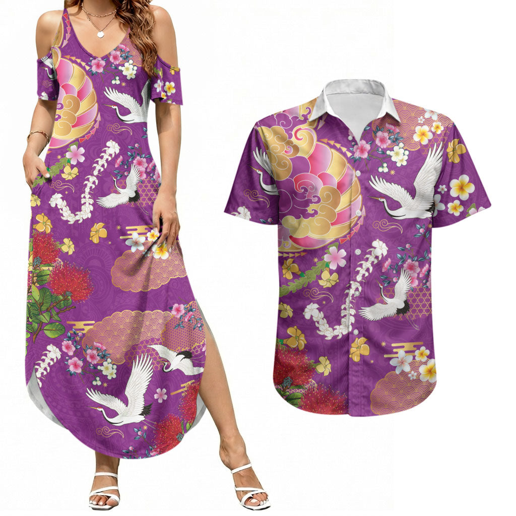 Hawaiian and Japanese Culture Together Couples Matching Summer Maxi Dress and Hawaiian Shirt Kakau Tribal Pattern and Irezumi Art Purple Color