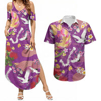 Hawaiian and Japanese Culture Together Couples Matching Summer Maxi Dress and Hawaiian Shirt Kakau Tribal Pattern and Irezumi Art Purple Color