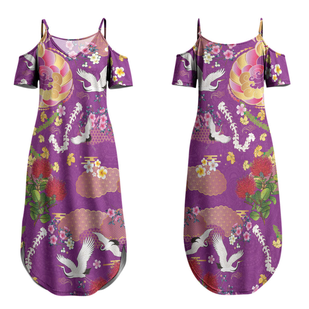 Hawaiian and Japanese Culture Together Couples Matching Summer Maxi Dress and Long Sleeve Button Shirt Kakau Tribal Pattern and Irezumi Art Purple Color