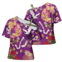 Hawaiian and Japanese Culture Together Cross Shoulder Shirt Kakau Tribal Pattern and Irezumi Art Purple Color