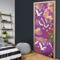 Hawaiian and Japanese Culture Together Door Cover Kakau Tribal Pattern and Irezumi Art Purple Color