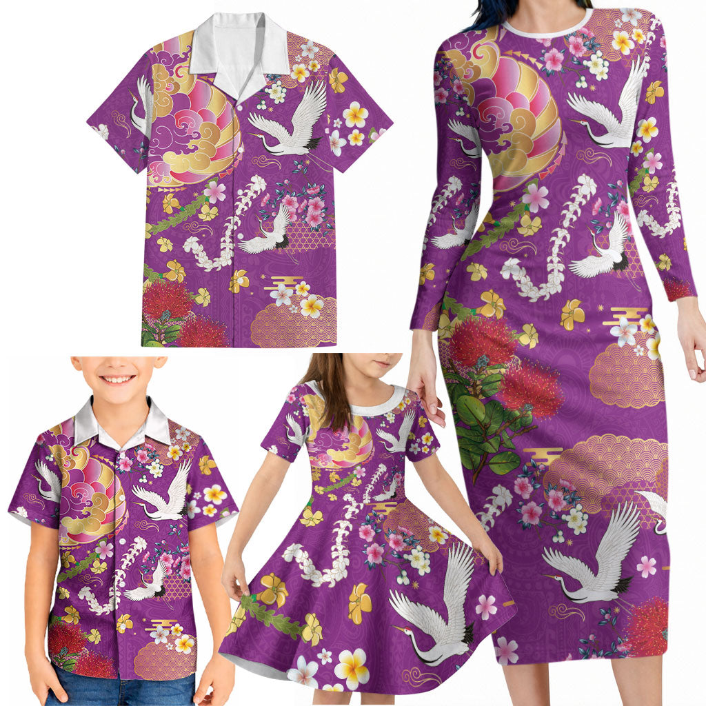 Hawaiian and Japanese Culture Together Family Matching Long Sleeve Bodycon Dress and Hawaiian Shirt Kakau Tribal Pattern and Irezumi Art Purple Color LT03 - Polynesian Pride