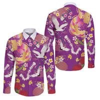 Hawaiian and Japanese Culture Together Family Matching Long Sleeve Bodycon Dress and Hawaiian Shirt Kakau Tribal Pattern and Irezumi Art Purple Color