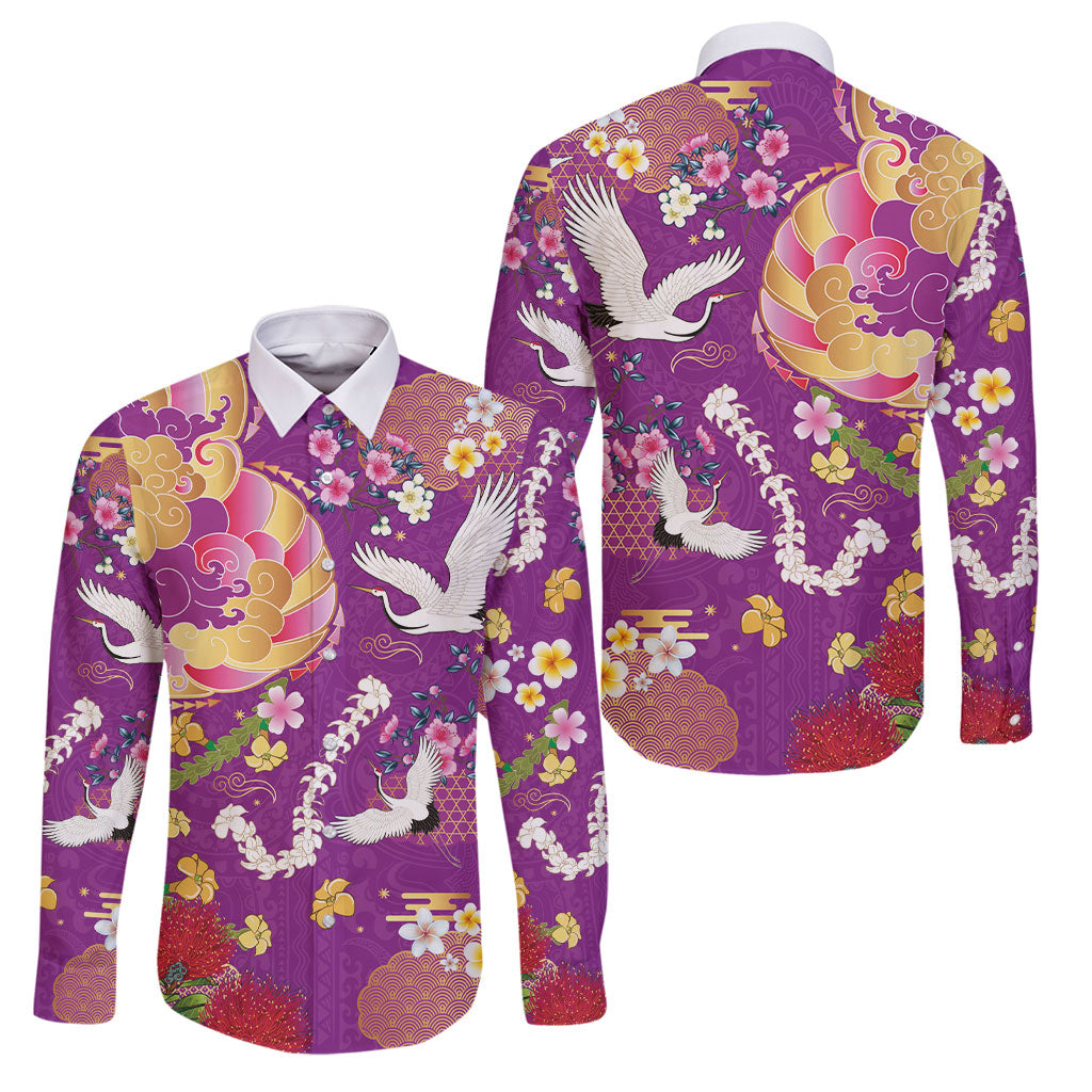 Hawaiian and Japanese Culture Together Family Matching Mermaid Dress and Hawaiian Shirt Kakau Tribal Pattern and Irezumi Art Purple Color
