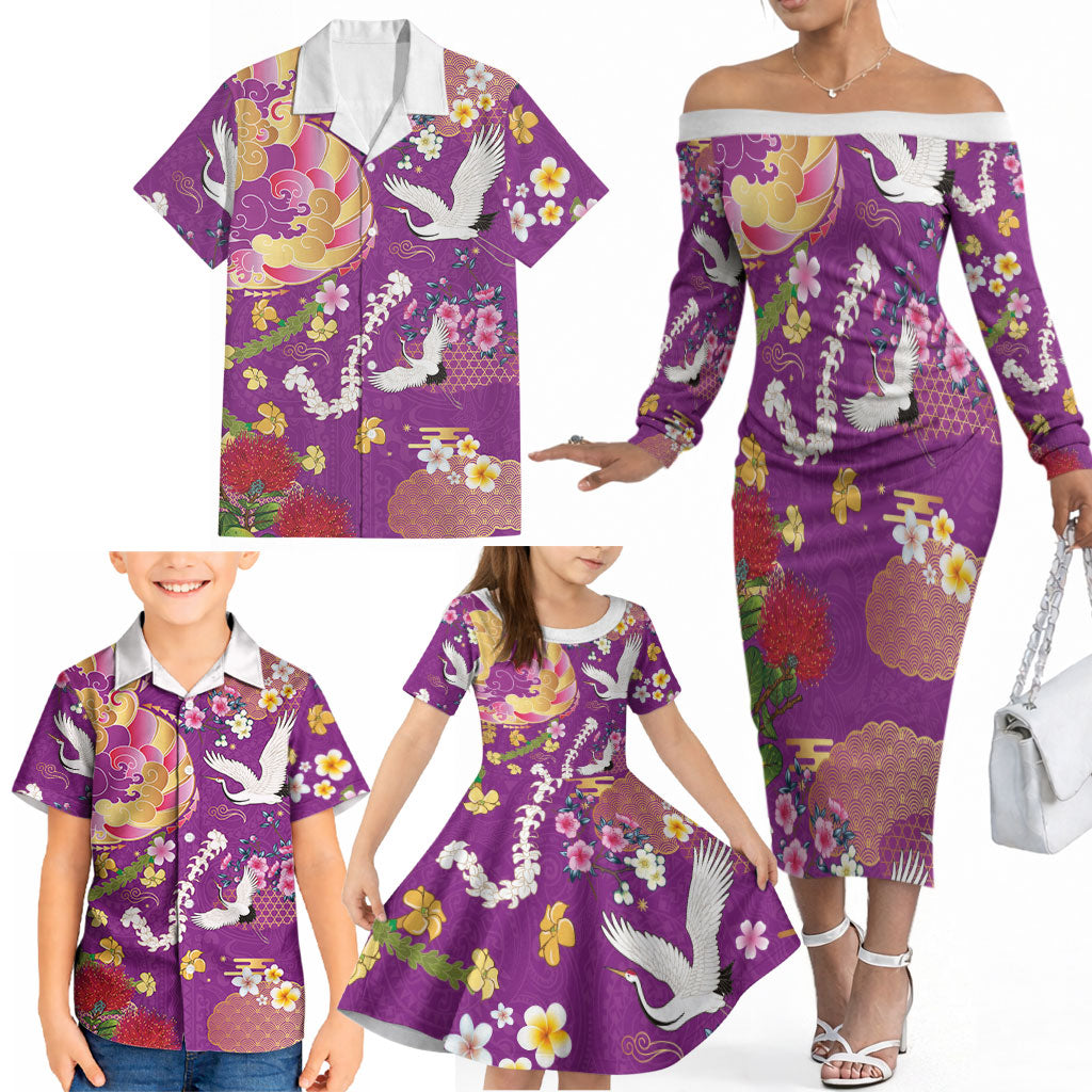 Hawaiian and Japanese Culture Together Family Matching Off The Shoulder Long Sleeve Dress and Hawaiian Shirt Kakau Tribal Pattern and Irezumi Art Purple Color