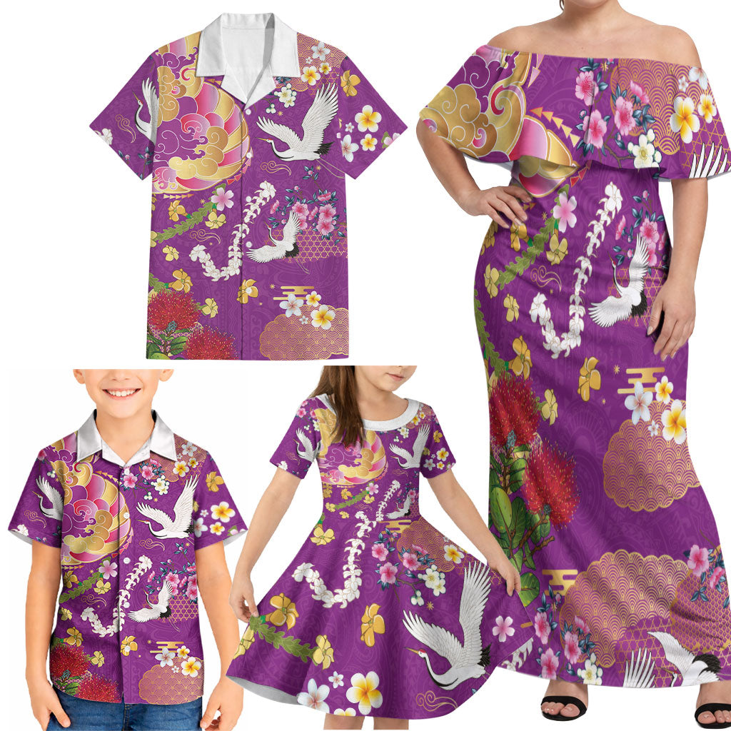 Hawaiian and Japanese Culture Together Family Matching Off Shoulder Maxi Dress and Hawaiian Shirt Kakau Tribal Pattern and Irezumi Art Purple Color LT03 - Polynesian Pride
