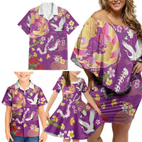 Hawaiian and Japanese Culture Together Family Matching Off Shoulder Short Dress and Hawaiian Shirt Kakau Tribal Pattern and Irezumi Art Purple Color