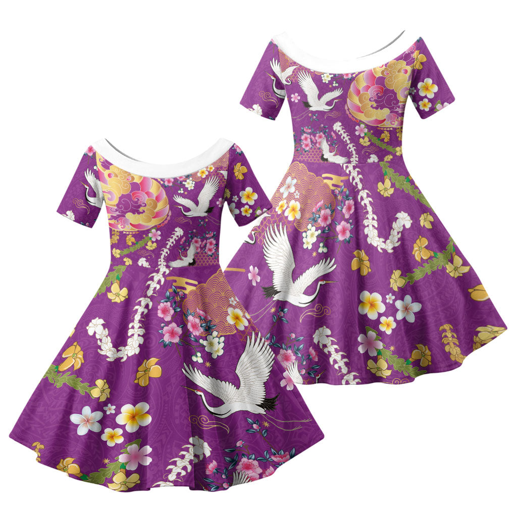 Hawaiian and Japanese Culture Together Family Matching Puletasi and Hawaiian Shirt Kakau Tribal Pattern and Irezumi Art Purple Color