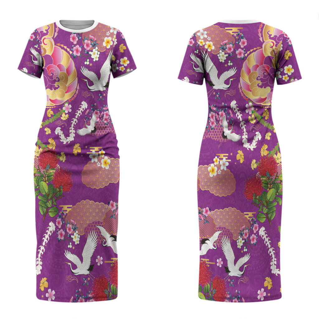 Hawaiian and Japanese Culture Together Family Matching Short Sleeve Bodycon Dress and Hawaiian Shirt Kakau Tribal Pattern and Irezumi Art Purple Color